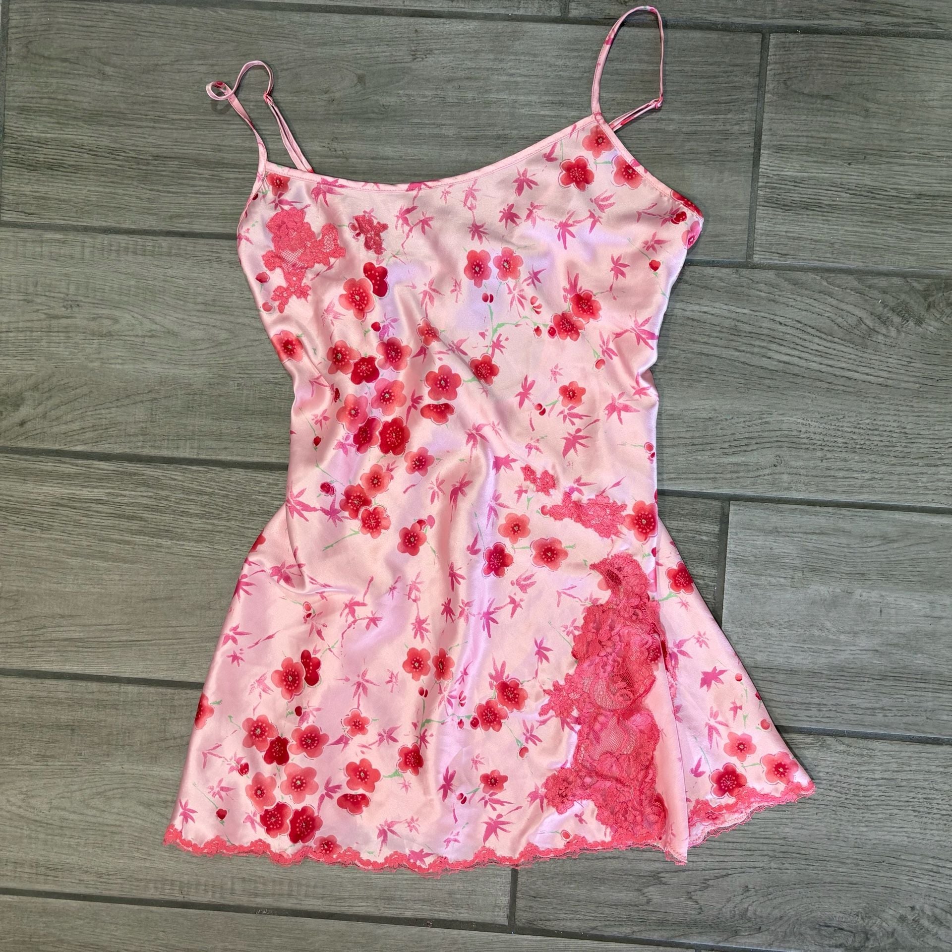 Victoria's Secret Pink Floral Satin Slip Mini Dress with Lace Trim 2
