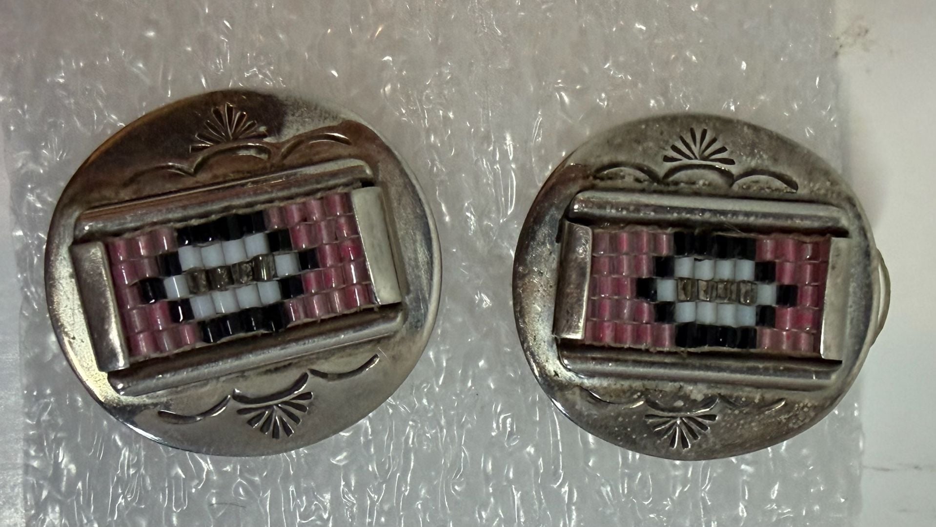 W/3 Signed Native American Style Sterling Silver Beaded Stud Earrings 2