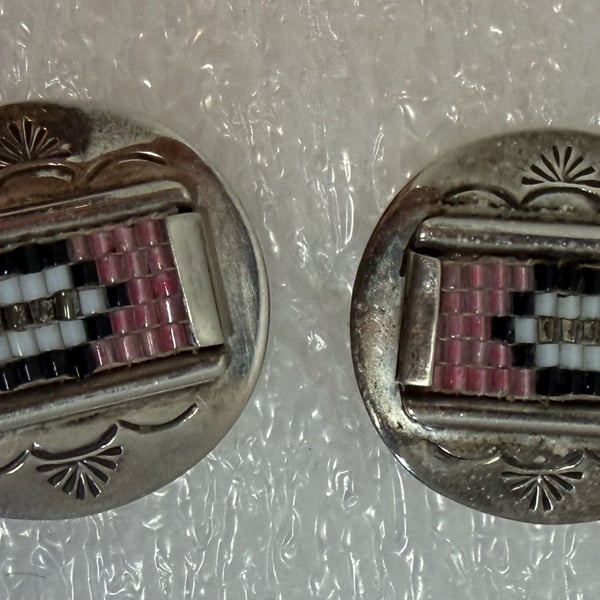 W/3 Signed Native American Style Sterling Silver Beaded Stud Earrings