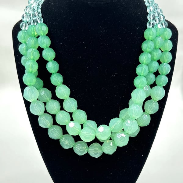 Vintage 1950s Triple Strand Faceted Mint Green Glass Bead Necklace