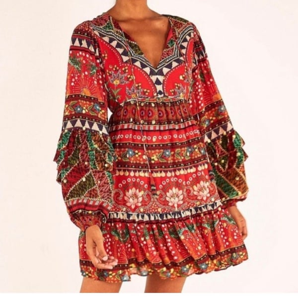 FARM Rio Tropical Shine Red Long Sleeve Mini Dress