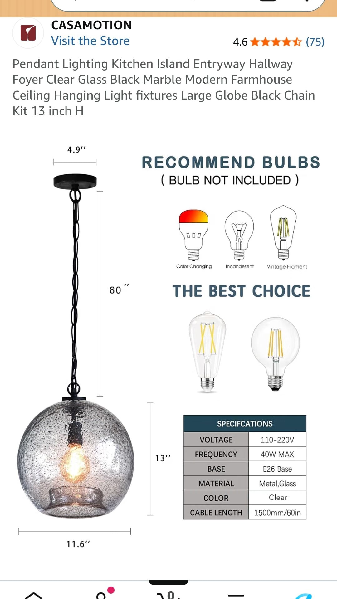 CASAMOTION Hand Blown Glass Pendant Light, 13 Inch Globe with Black Finish 1