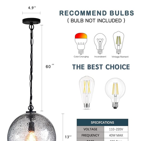CASAMOTION Hand Blown Glass Pendant Light, 13 Inch Globe with Black Finish