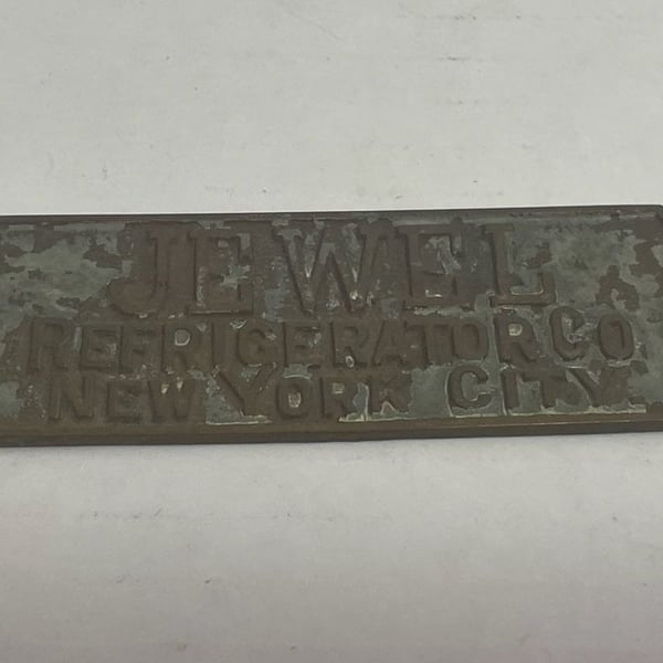 Vintage Jewel Refrigerator Co. New York City Brass Industrial Machinery Plaque