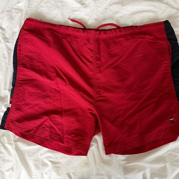 Nautica Men's Red and Navy Striped Swim Trunks with Drawstring