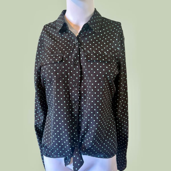 Y2K 1888 Brand Black and Mint Green Polka Dot Long Sleeve Button-Down Blouse