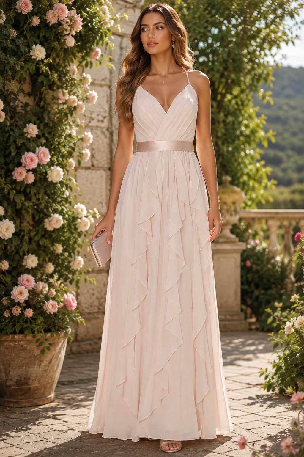 Blush Pink Chiffon Ruffle V-Neck Formal Bridesmaid Evening Gown Size 8 3