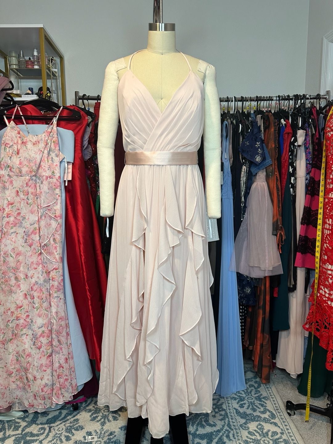 Blush Pink Chiffon Ruffle V-Neck Formal Bridesmaid Evening Gown Size 8 4