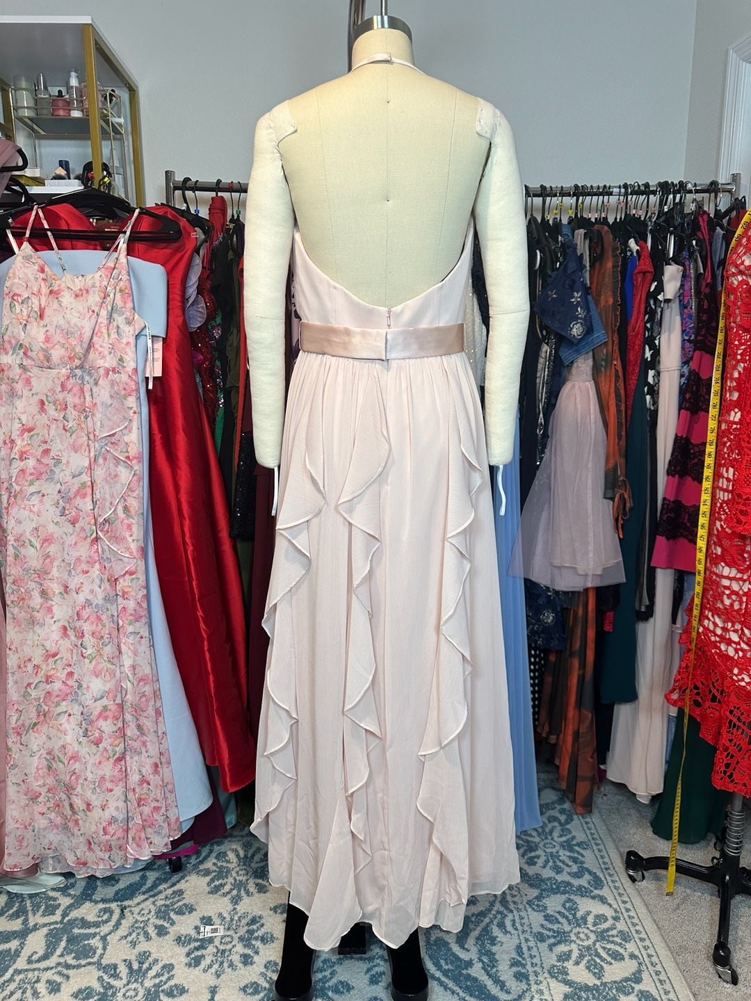 Blush Pink Chiffon Ruffle V-Neck Formal Bridesmaid Evening Gown Size 8 9
