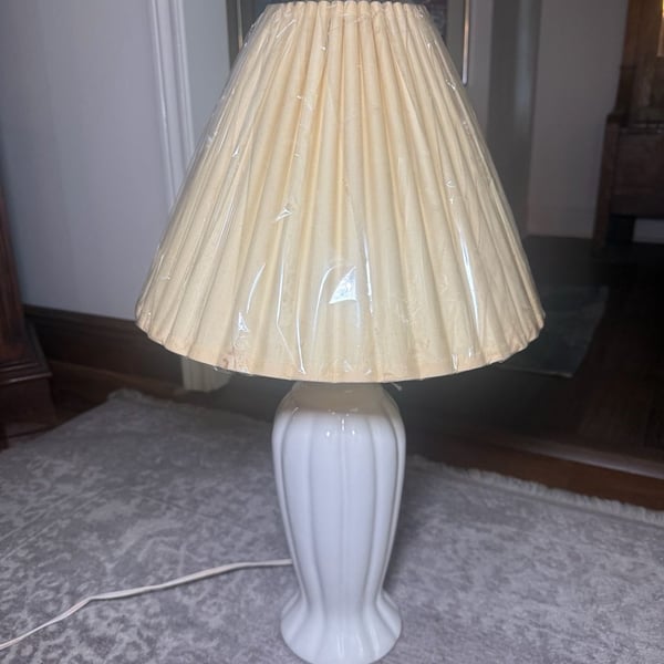 Vintage White Ribbed Ceramic Table Lamp with Pleated Shade