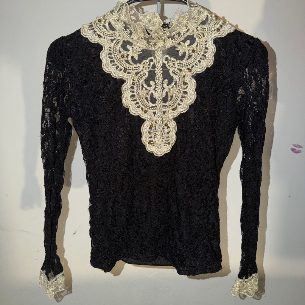 Vintage Black Lace Long Sleeve Mock Neck Top with Cream Embroidered Collar 2