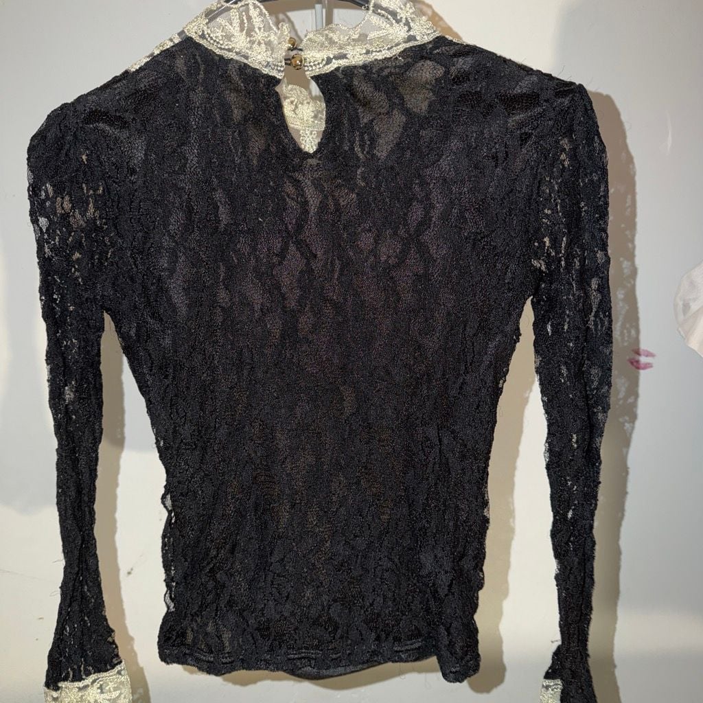 Vintage Black Lace Long Sleeve Mock Neck Top with Cream Embroidered Collar 3