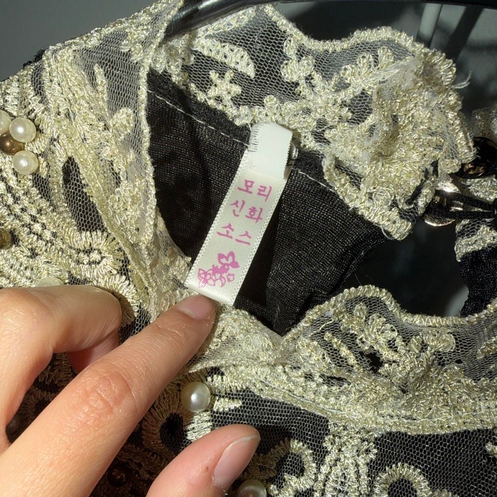 Vintage Black Lace Long Sleeve Mock Neck Top with Cream Embroidered Collar 5