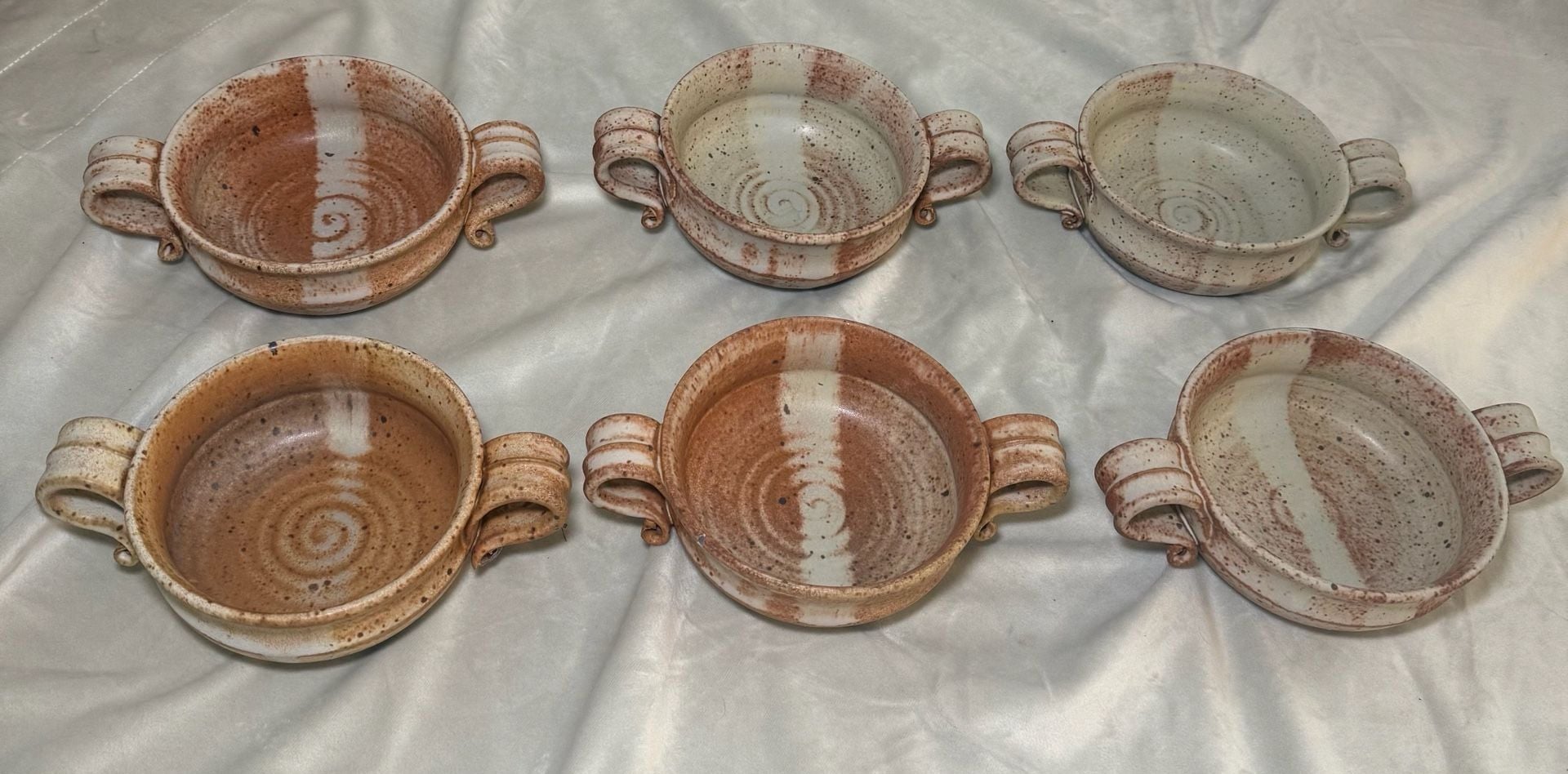 Set of 6 Studio Pottery Handled Soup Bowls 1