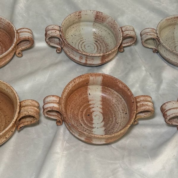 Set of 6 Studio Pottery Handled Soup Bowls