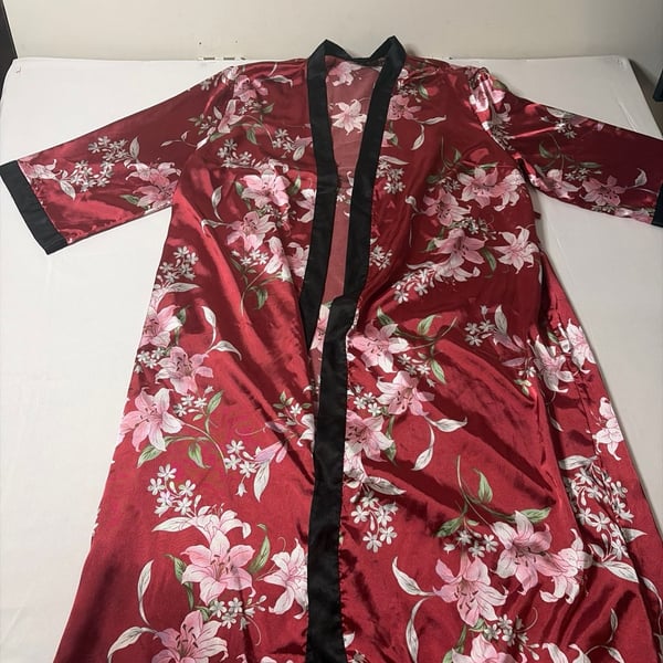 Floral Print Silky Satin Kimono Bathrobe Long Robe