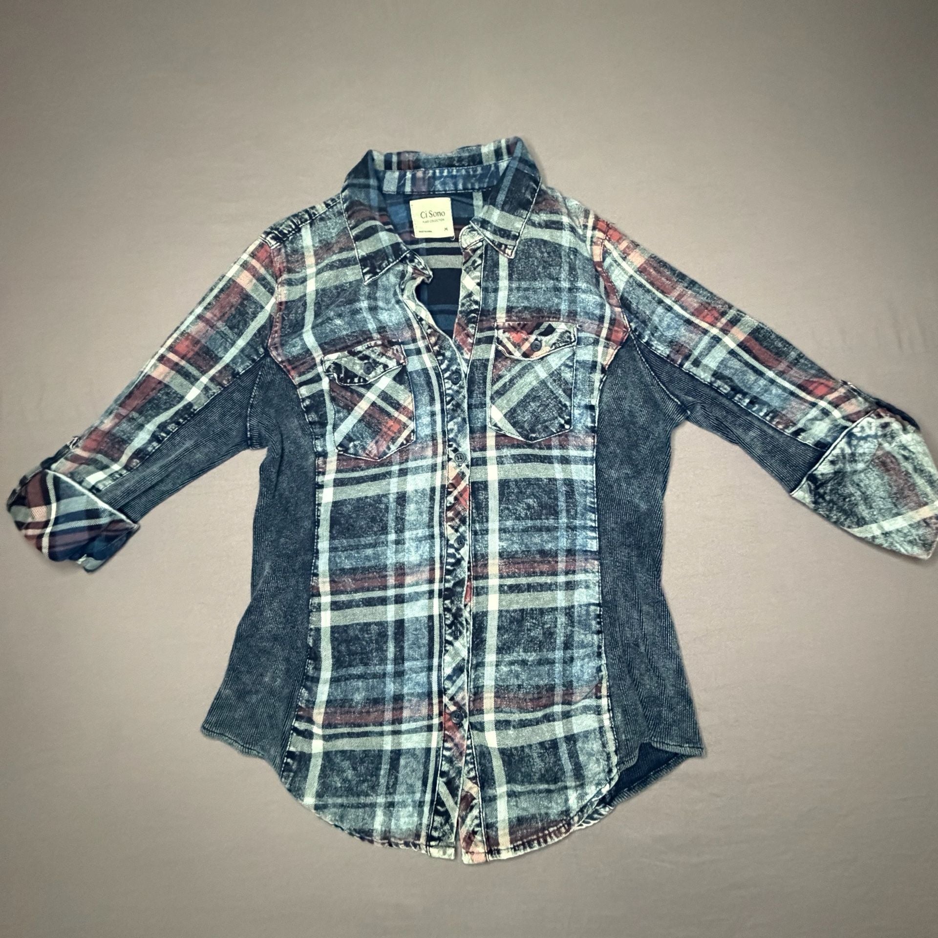 Ci Sono Plaid Collection Women's Acid Wash Button Down Shirt with Ribbed Side 3
