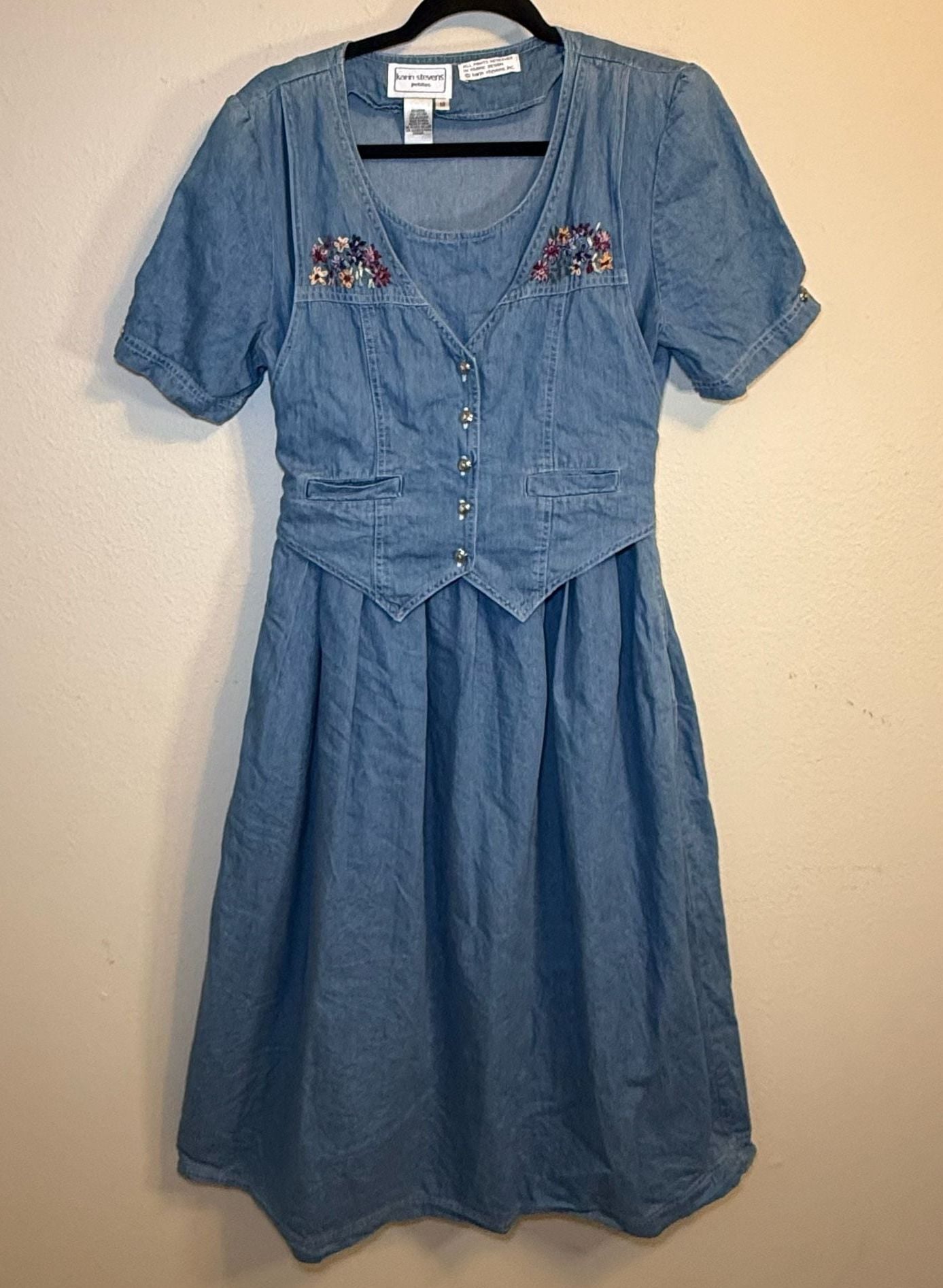 Vintage Karin Stevens Petites Embroidered Denim Dress with Attached Vest Style 1