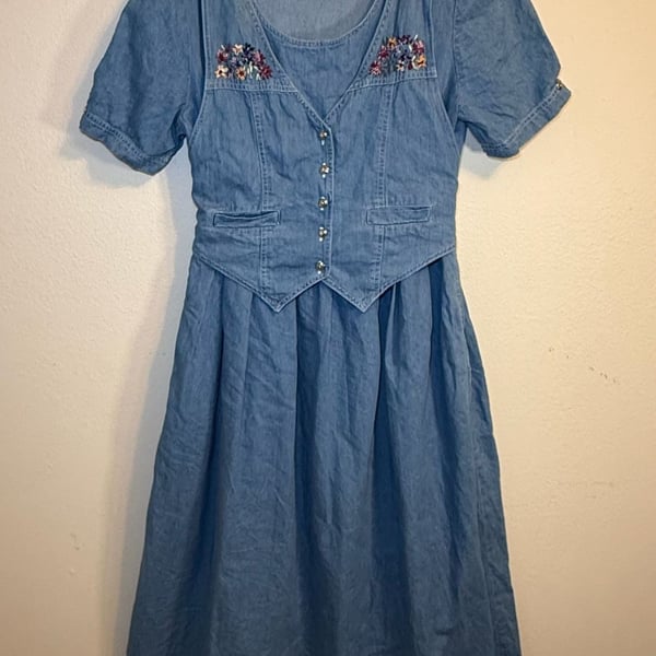 Vintage Karin Stevens Petites Embroidered Denim Dress with Attached Vest Style