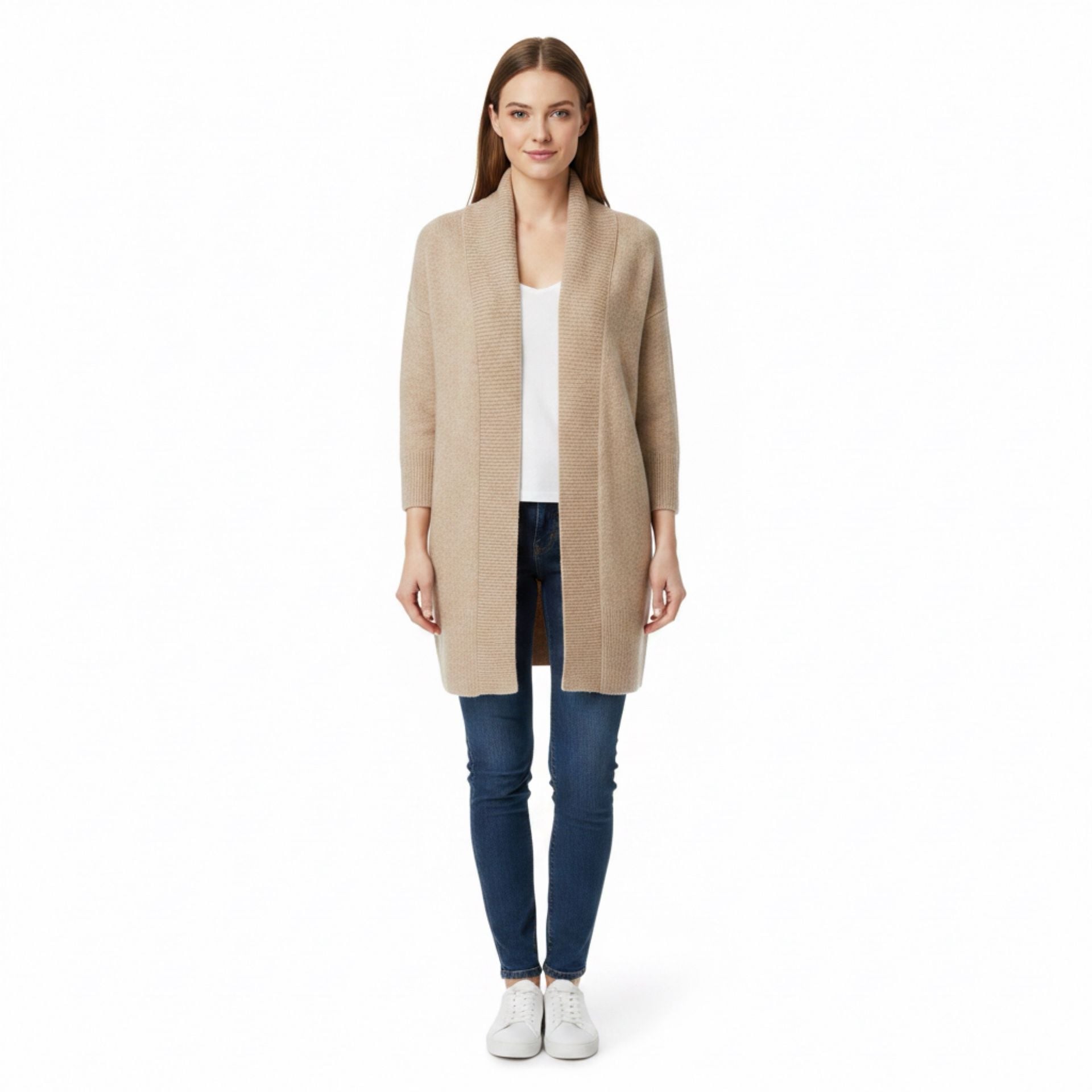 Time and Tru Women's Open-Front Shawl Collar Cardigan Sweater Beige Large 4