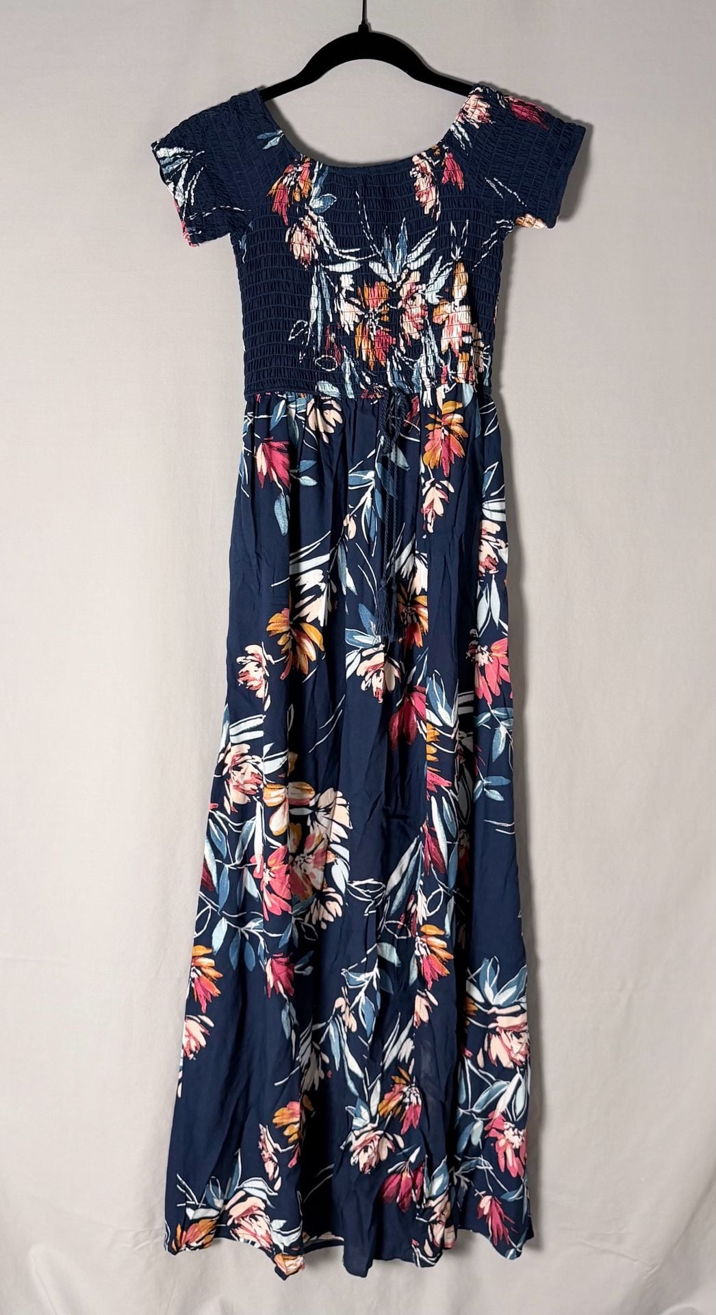 Band of Gypsies Navy Blue Floral Smocked Maxi Dress with Slit Small 2