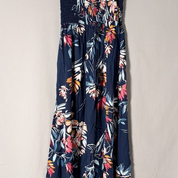 Band of Gypsies Navy Blue Floral Smocked Maxi Dress with Slit Small