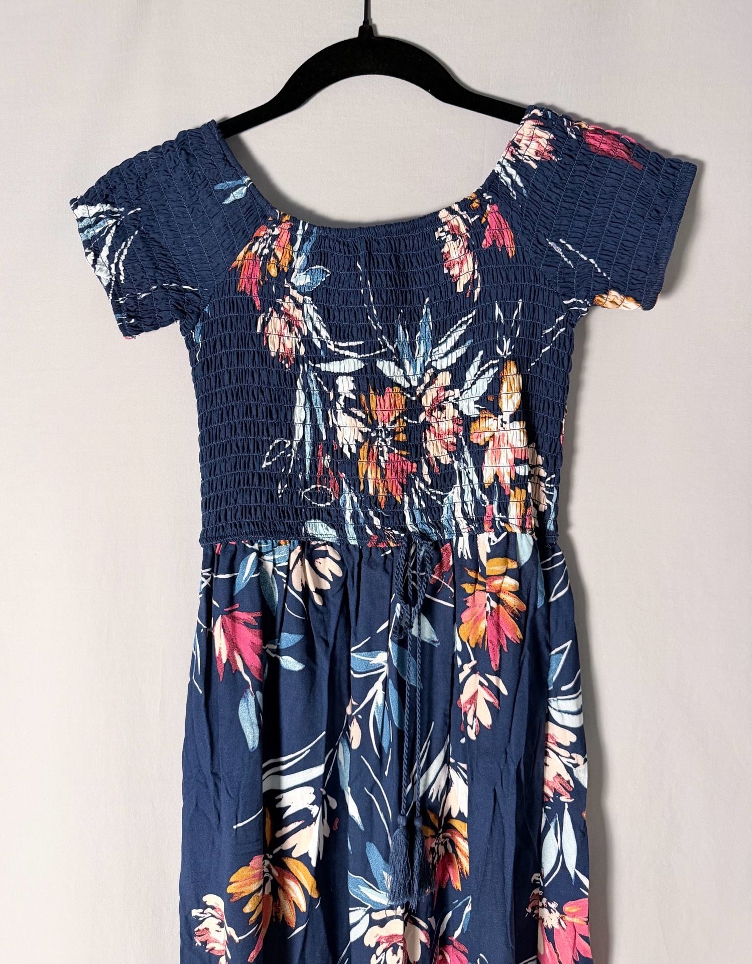 Band of Gypsies Navy Blue Floral Smocked Maxi Dress with Slit Small 3