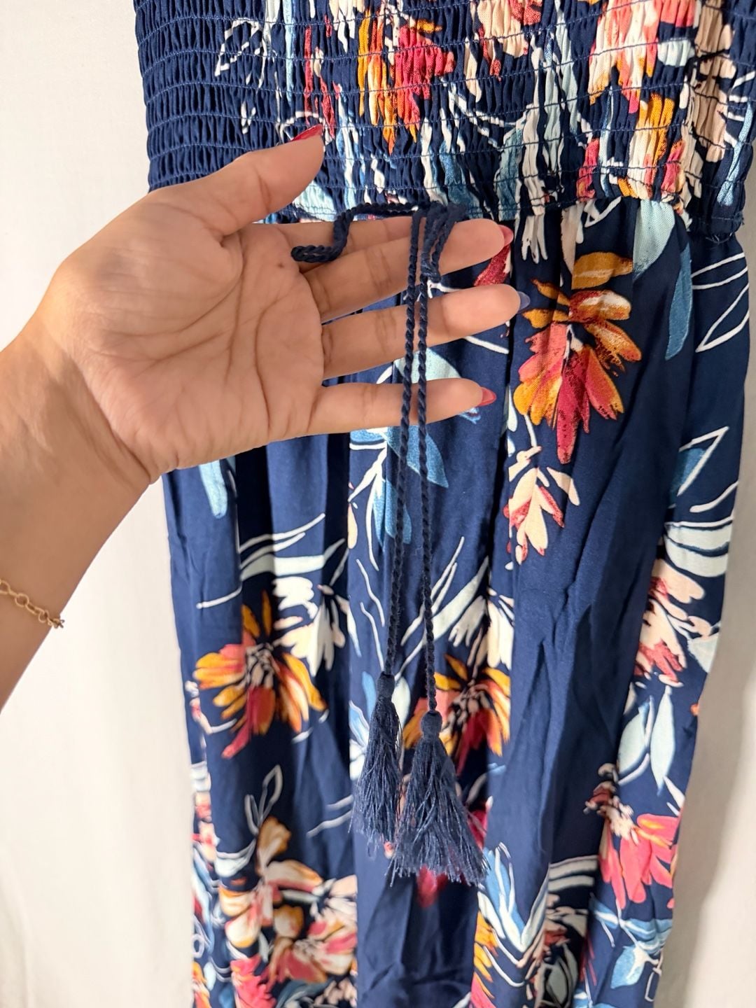 Band of Gypsies Navy Blue Floral Smocked Maxi Dress with Slit Small 4