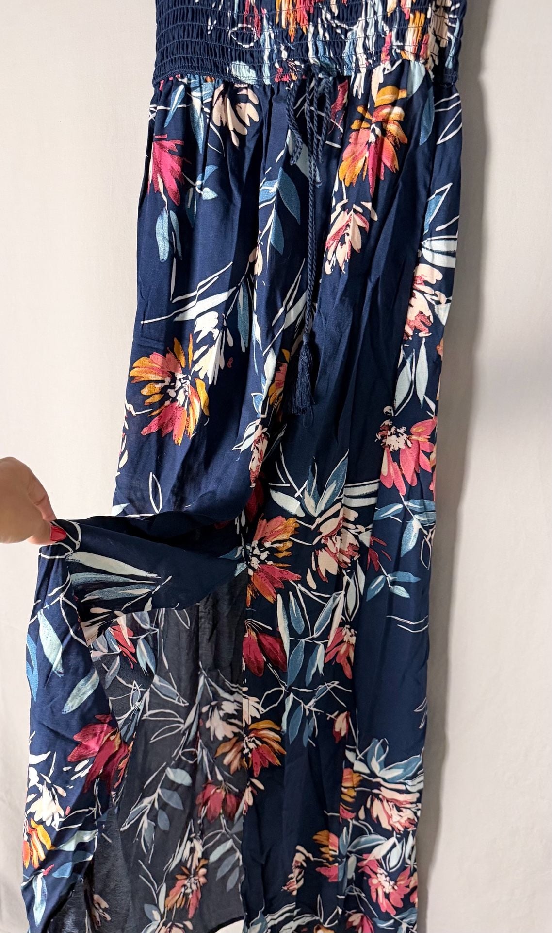 Band of Gypsies Navy Blue Floral Smocked Maxi Dress with Slit Small 5