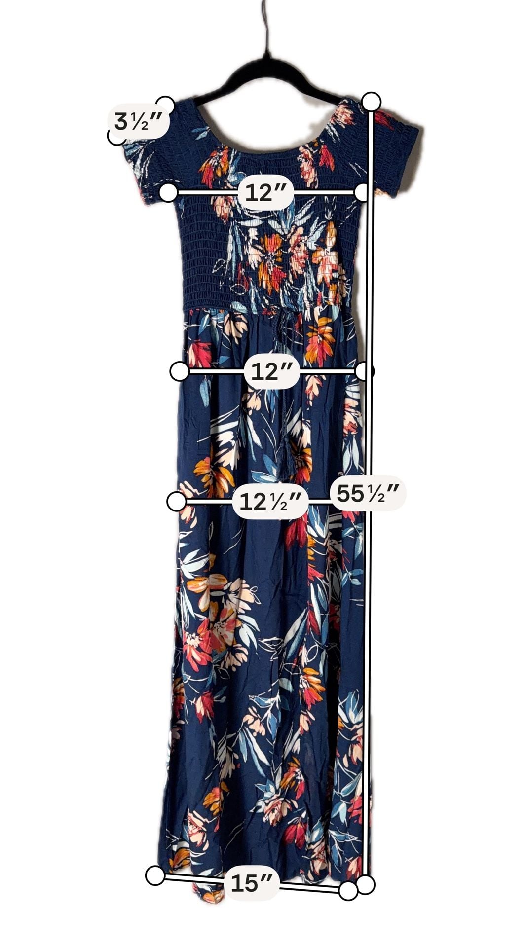 Band of Gypsies Navy Blue Floral Smocked Maxi Dress with Slit Small 6
