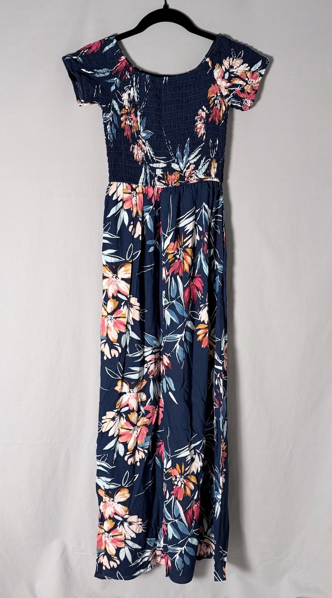 Band of Gypsies Navy Blue Floral Smocked Maxi Dress with Slit Small 7