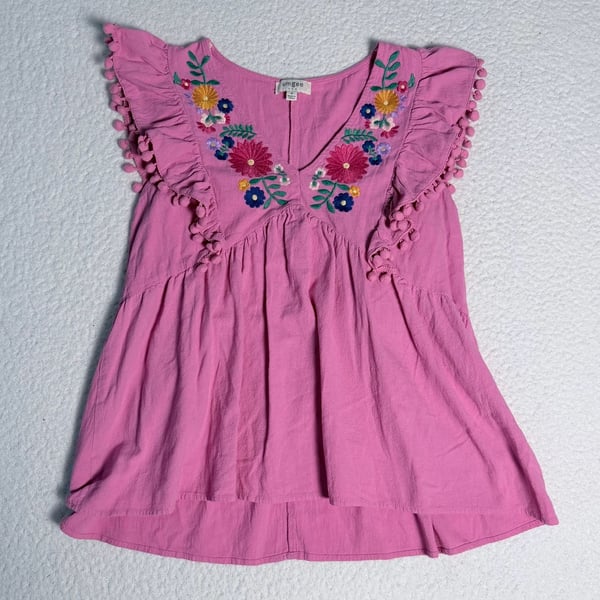 Umgee Women's Pink V-Neck Floral Embroidered Flutter Sleeve Pom-Pom Top