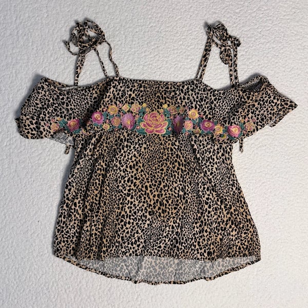 Savanna Jane Leopard Print Cold Shoulder Floral Embroidered Top