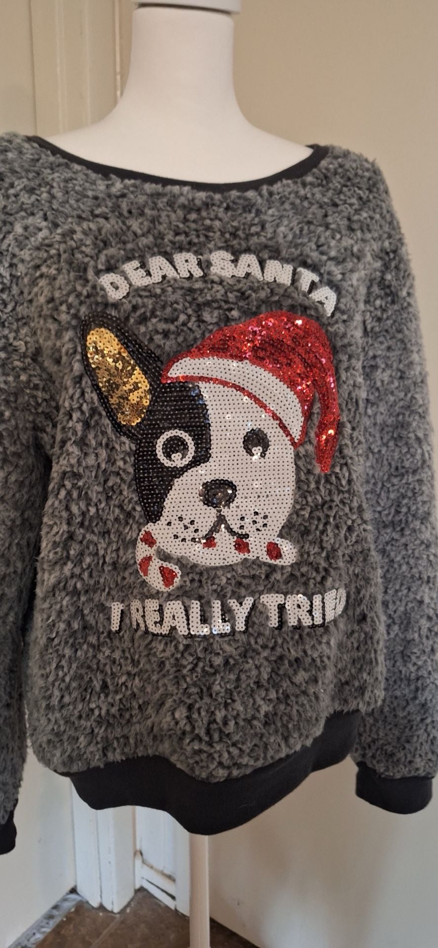 Dear Santa I Really Tried Sequin French Bulldog Sherpa Fuzzy Pullover XL 3