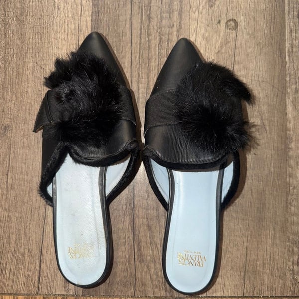 Frances Valentine Black Leather Pointed Toe Mules with Rabbit Fur Pom Detail