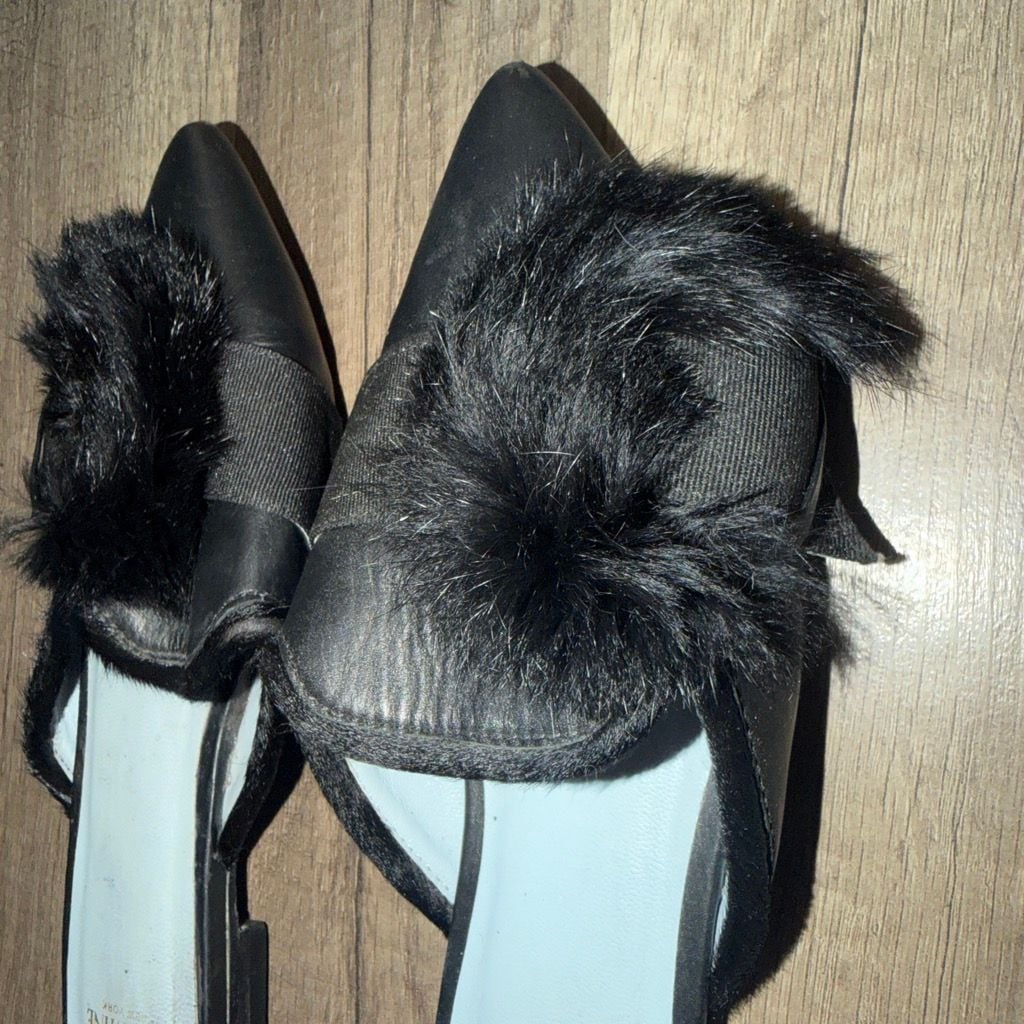 Frances Valentine Black Leather Pointed Toe Mules with Rabbit Fur Pom Detail 2