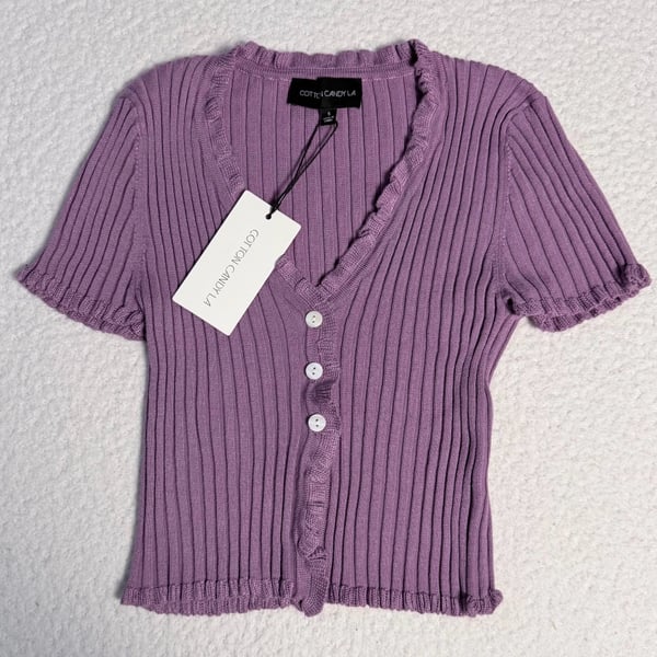 Cotton Candy LA Lavender Ribbed Knit Short Sleeve Cardigan Top NWT