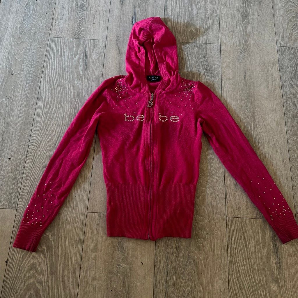 Bebe Y2K Hot Pink Rhinestone Logo Full-Zip Hoodie Sweater 2