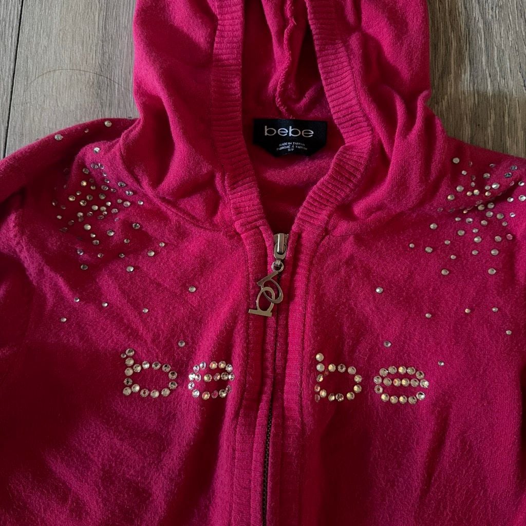 Bebe Y2K Hot Pink Rhinestone Logo Full-Zip Hoodie Sweater 4