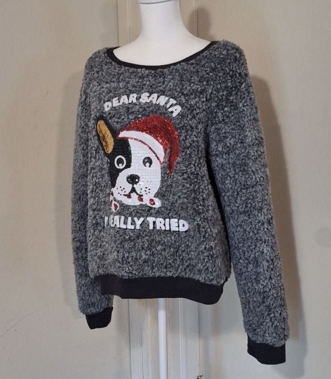 Dear Santa I Really Tried Sequin French Bulldog Sherpa Fuzzy Pullover XL 6