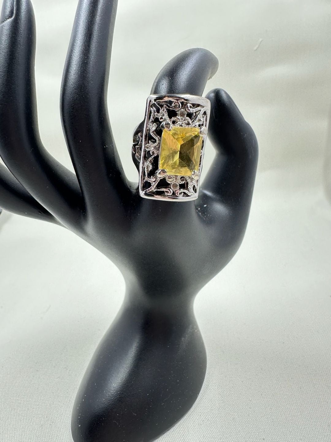 Yellow Citrine-Color Filigree Statement Ring, Ornate Silver-Tone Cocktail Ring 3