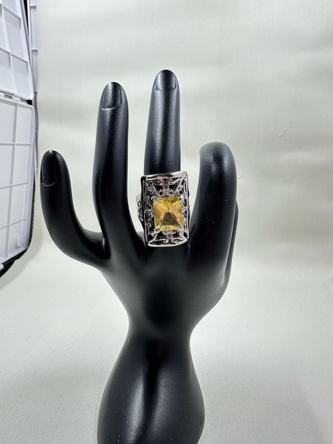 Yellow Citrine-Color Filigree Statement Ring, Ornate Silver-Tone Cocktail Ring 4