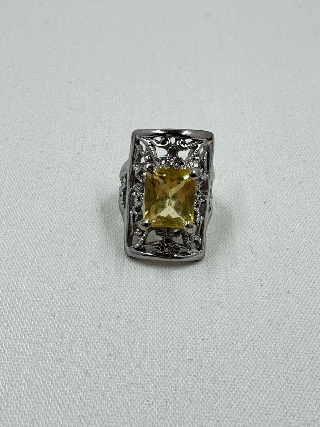 Yellow Citrine-Color Filigree Statement Ring, Ornate Silver-Tone Cocktail Ring 5