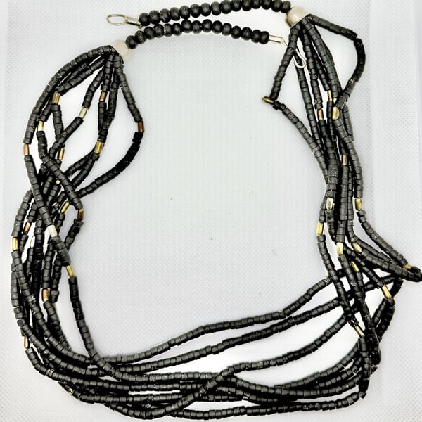 Vintage Boho Multi-Strand Wood Bead Necklace with Metallic Accents 