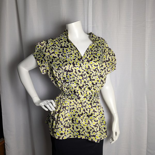 Worthington Brown and Neon Green Abstract Print Tie-Waist Short Sleeve Blouse