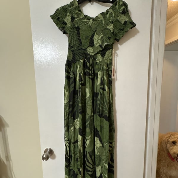 Jessica Simpson Women's Tropical Leaf Print Smocked Bodice Maxi Dress