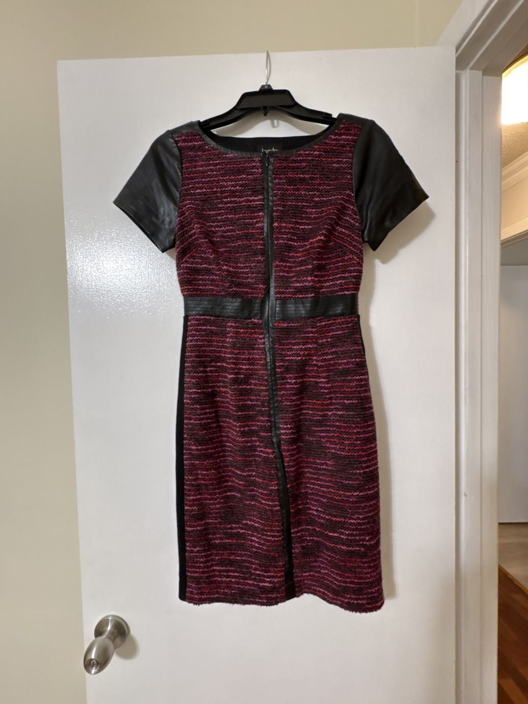 Laundry by Shelli Segal Multi-Color Tweed Sheath Dress with Faux Leather Sleeves and Front Zip 2