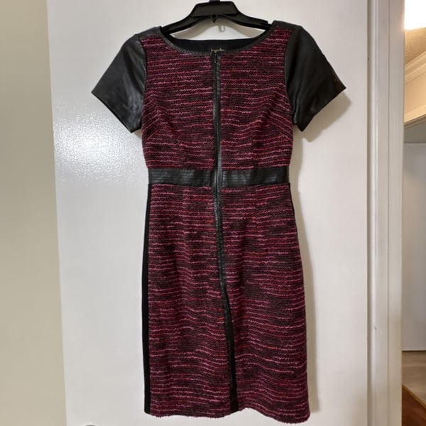 Laundry by Shelli Segal Multi-Color Tweed Sheath Dress with Faux Leather Sleeves and Front Zip