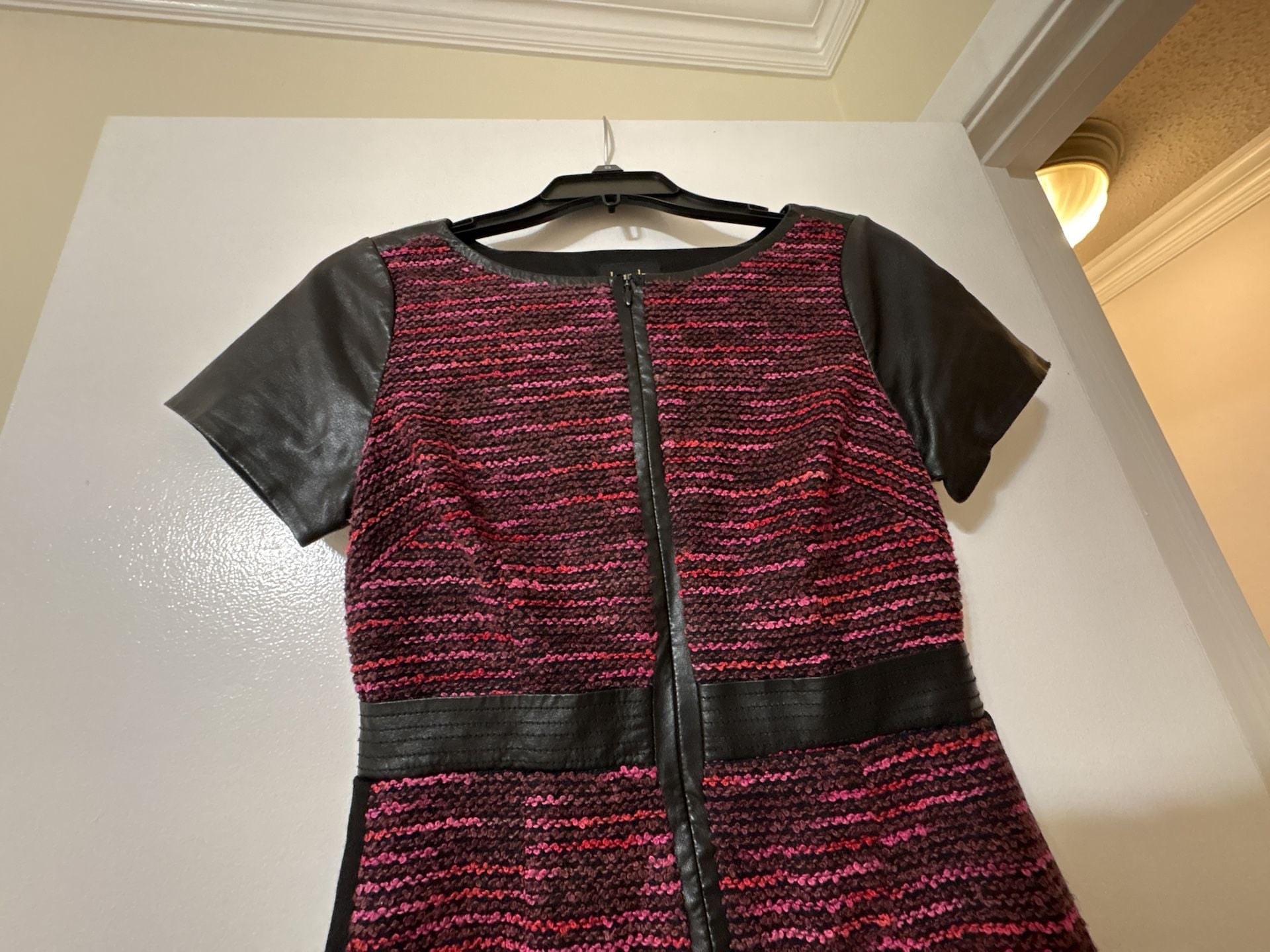 Laundry by Shelli Segal Multi-Color Tweed Sheath Dress with Faux Leather Sleeves and Front Zip 3