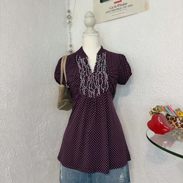 Heart Soul Women's Purple Polka Dot Ruffled V-Neck Tie-Back Blouse